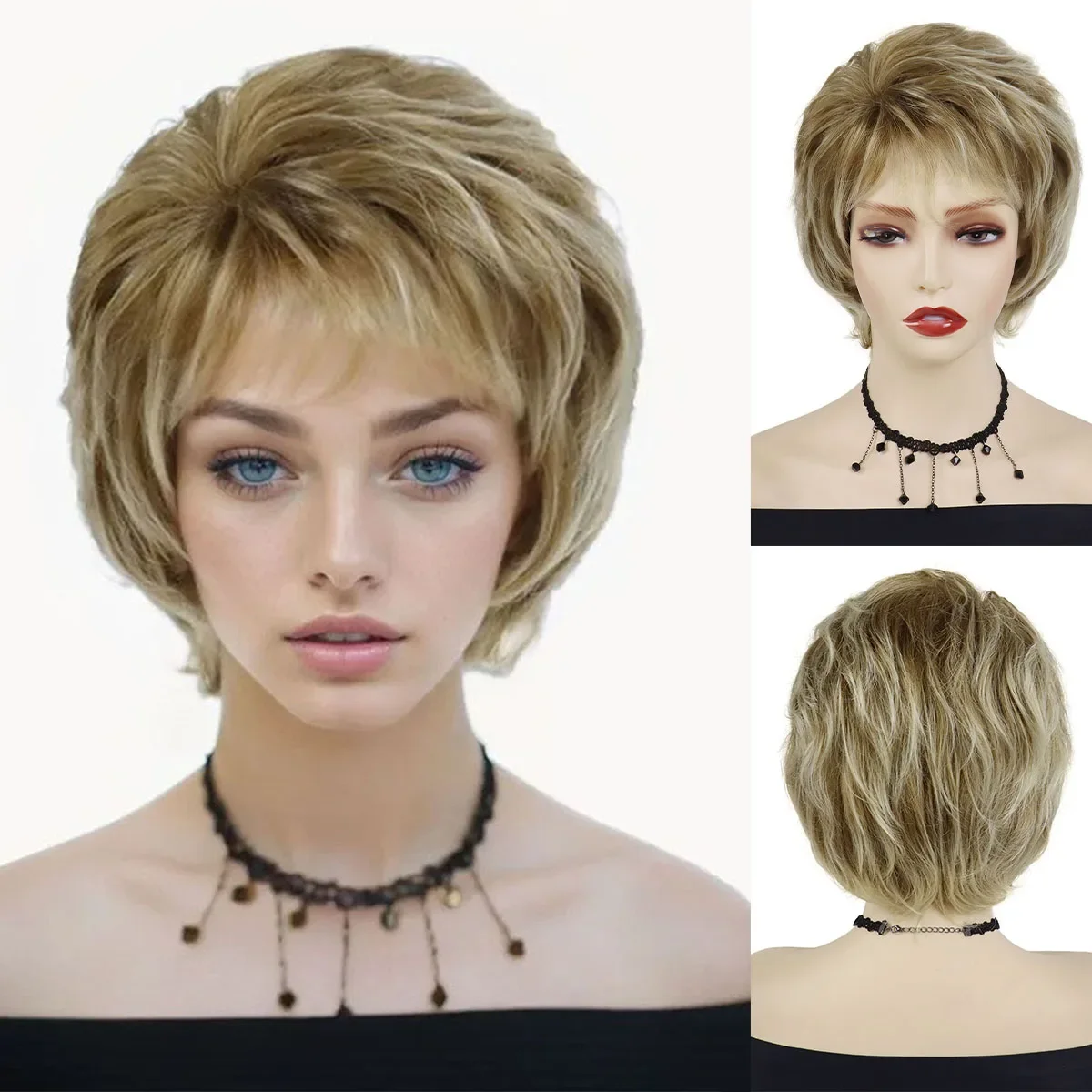 Synthetic Wigs for Women Lady Short Curly Wig with Bangs Natural Hairstyles Mixed Blonde Color Hair Wigs for Mother Mommy Wig