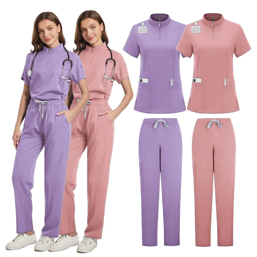 Surgical Uniforms Women Doctor Nursing Suit Scrub Set Nurse Beauty Salon Workwear Medical Clinical Scrub Tops+Pants Spa Uniforms