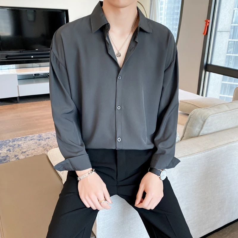Advanced Long Sleeve Ice Silk Shirt Men's Summer Loose Trendy Thin Sun Protection Turn-down Collar Shirt Jacket Pure Color Sharp