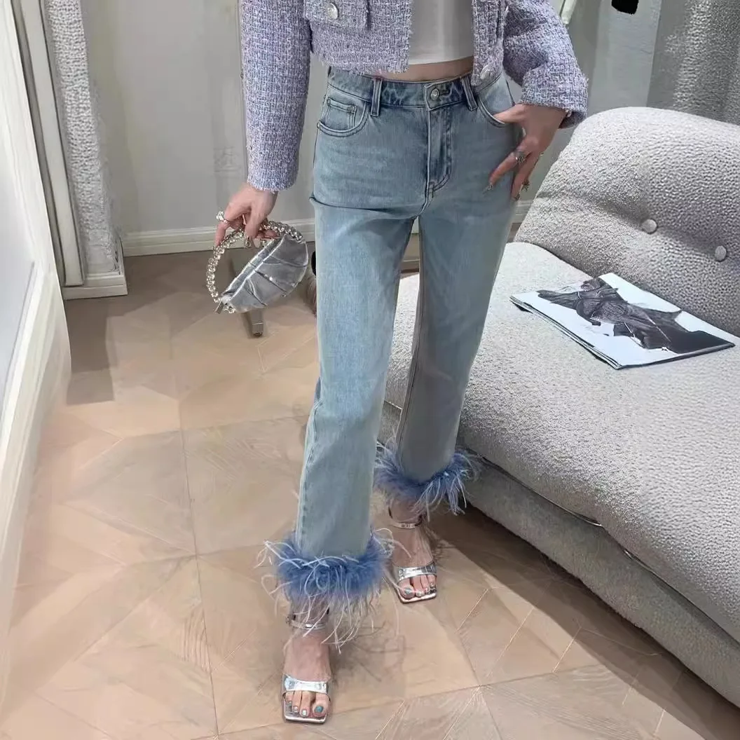 Small design high sense ostrich hair patchwork high waist all matching slim nine straight leg jeans