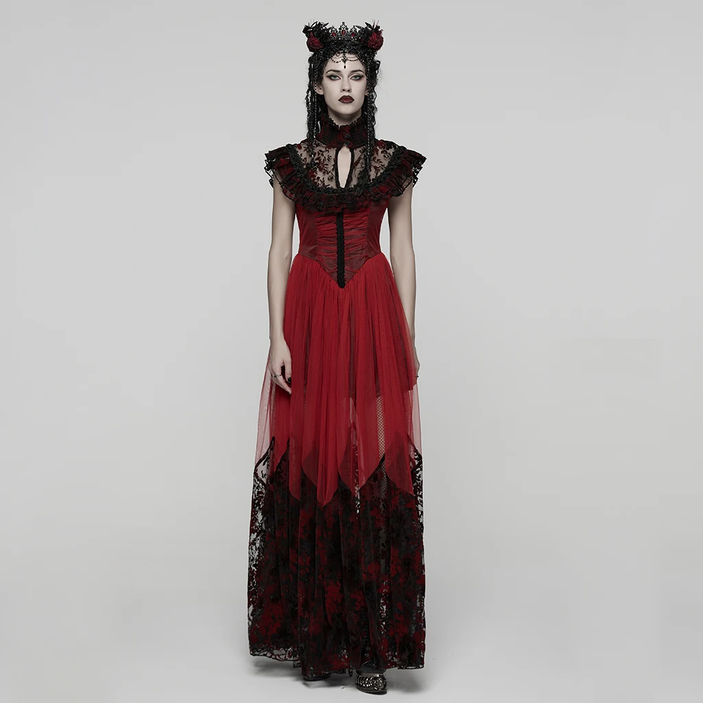 PUNK RAVE Women's Gothic Maxi Dress, Black-Red Polyester Floral Print Lace Up Ball Gown WQ869 view 3