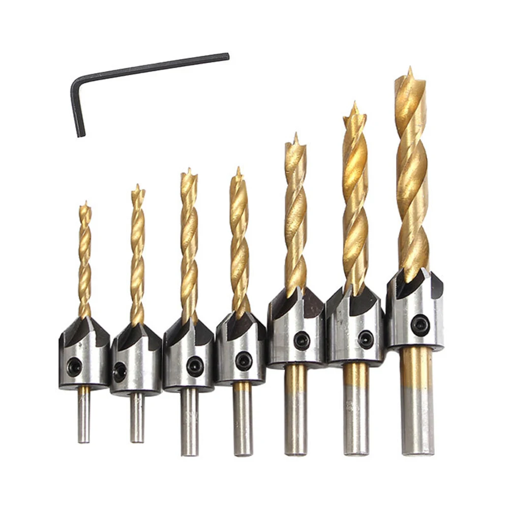 For Wood Drill Bits 7 Pieces Titanium Coated Rust-proof Woodworking Drill Bit Suitable for Wood Drilling Steerable Drill