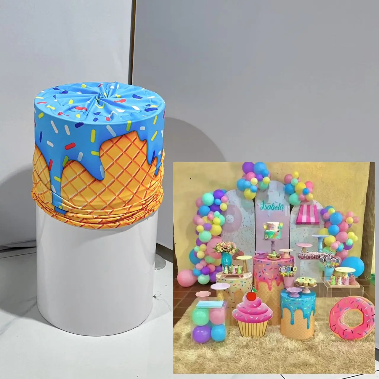 Blue Ice Cream Theme Cylinder Cover for Birthday Parties, Wedding and Baby Shower Decoration Props