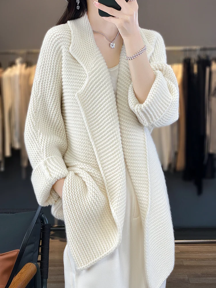100% Merino Wool Women\'s Cardigans Sweater   Autumn Winter Thick Warm Casual O-neck Cashmere Knitted Long Coat Korean Fashion