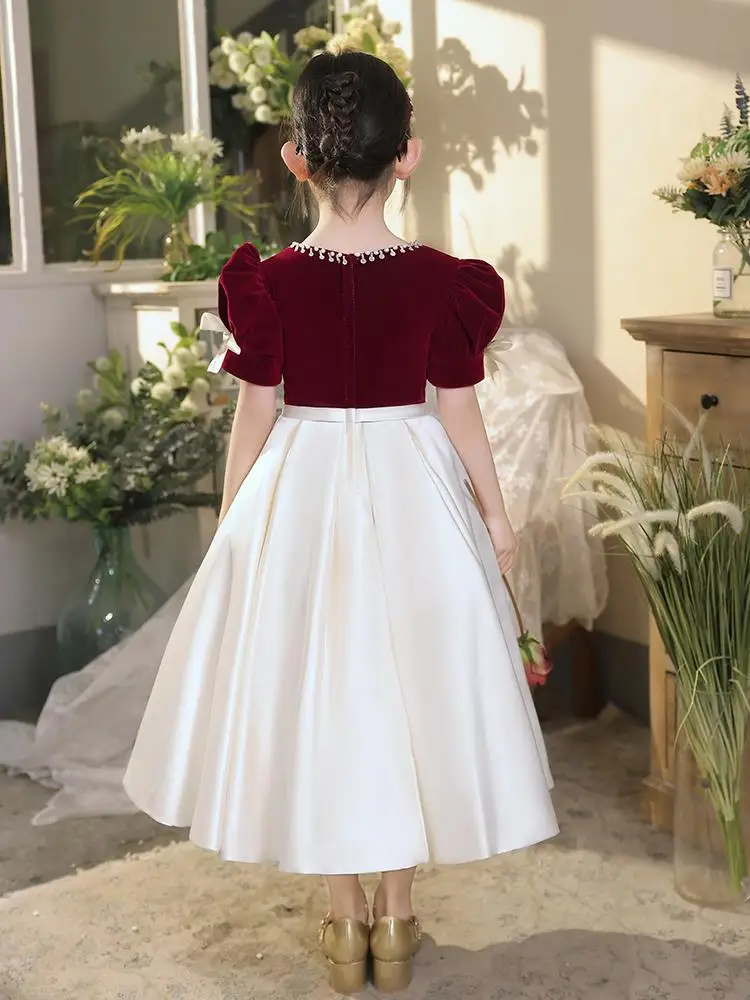 4-14Y Kids Girl Winter Red Satin Silk Dress embroidery Vintage Spanish Princess Ball Gown Dress for Wedding Party Christmas Eid