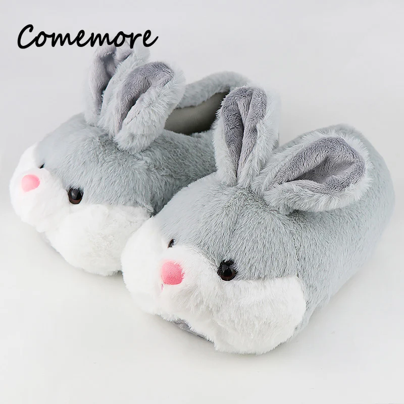 Comemore 2024 Vrouwen Schattige Dieren Slippers Meisjes Konijn Home Schoenen Plus Maat 44 Non Slip Plat Herfst Winter Warm Slipper Pluche Mannen