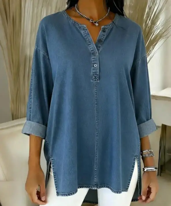 

Women's Shirt Spring New Fashion Trendy Personalized Casual Versatile Button Front Denim Fabric Loose Long Sleeve T-Shirt