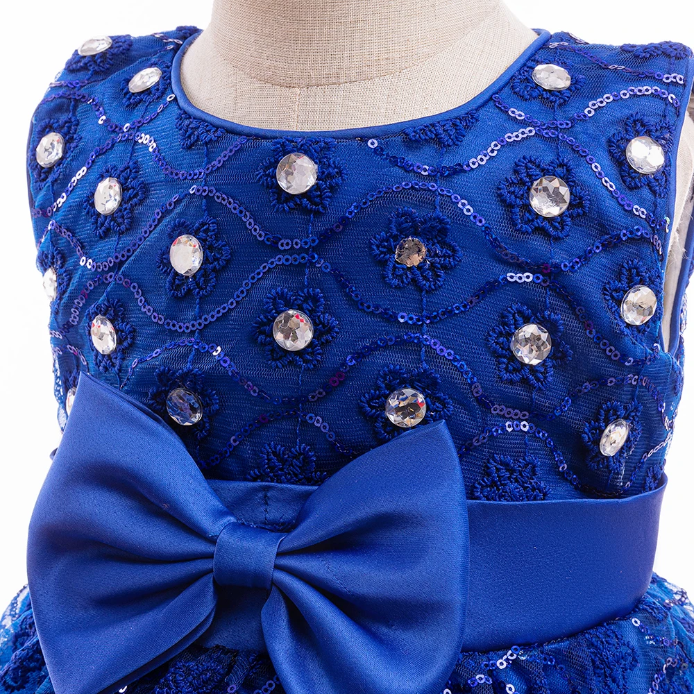 Girls Blue Beading Party Dress Girl Pleated Dresses Kids Formal Evening Tulle Clothes Bow Sleeveless Costumes Children Tutu Wear