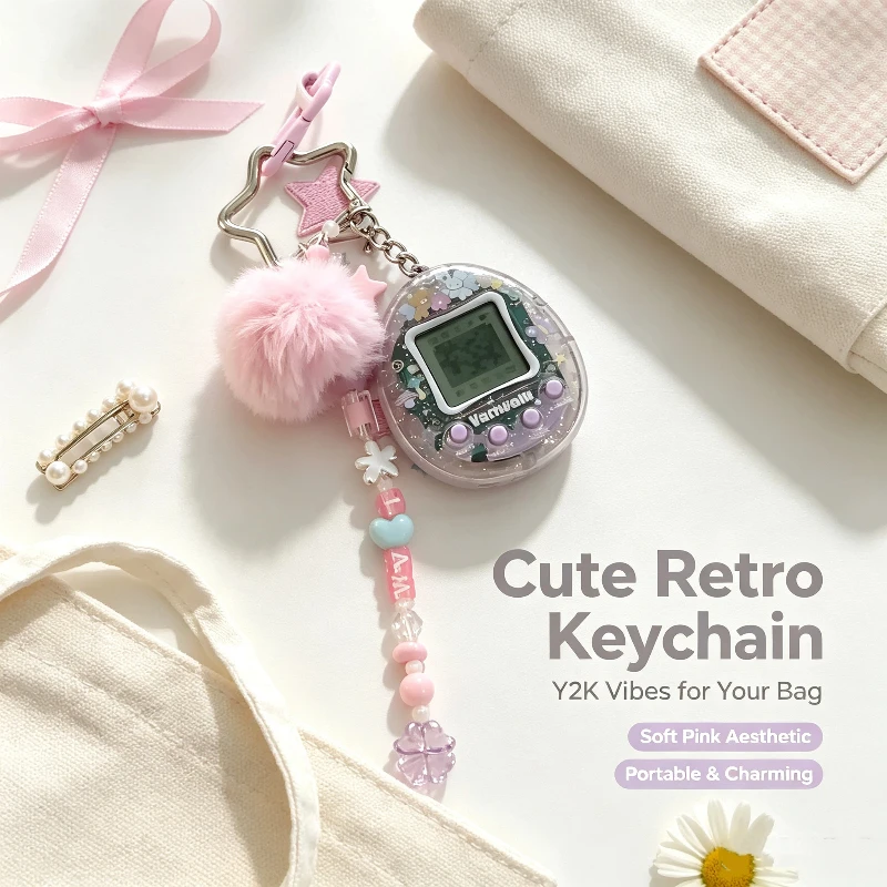 Vanwalk Electronic Pet Game Machine Virtual Pet Toy Keychain Bag Pendant Pom Pom Decor Beaded Chain For Women Holiday Gift