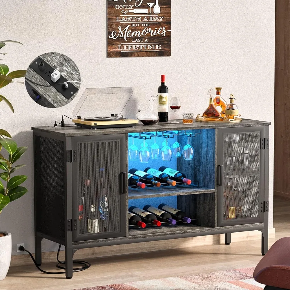 Industrial Coffee Bar Cabinet for Liquor and Glasses, Farmhouse Bar Cabinet with Removable Wine Racks