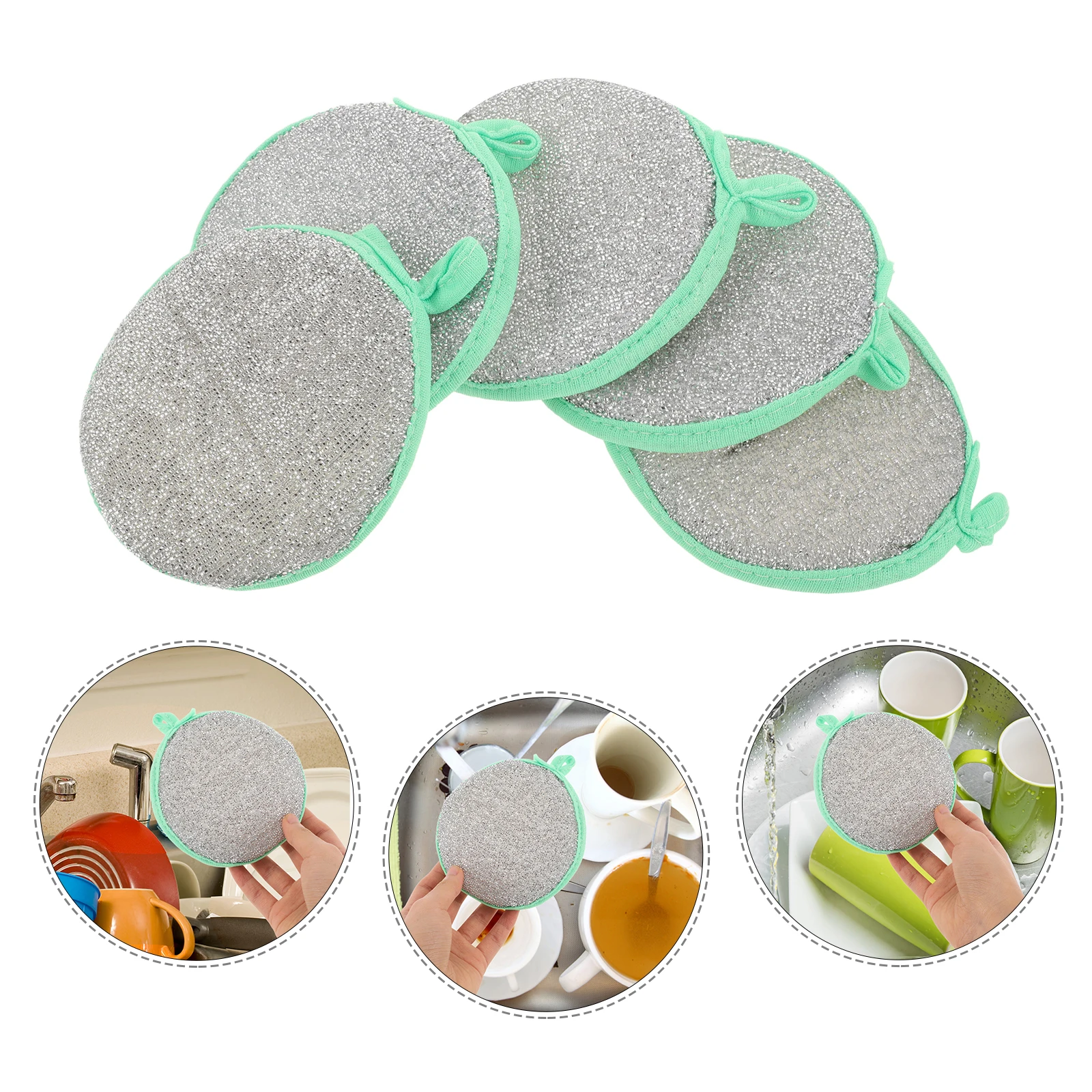 

5pcs Dual Scrub Round Dish Washing Sponge Scrubber Dish Pad High Efficiency Oil Resistant Heavy Duty Kitchen Cleaning Tool
