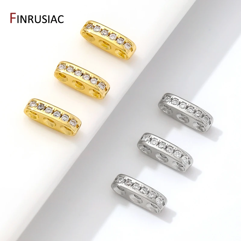 18K Gold Plated Brass Inlaid Zircon 3 Holes Separators for Beads Bar Connector DIY Beading Jewellery Making Accessories