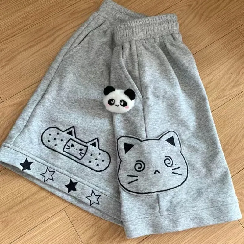 Japanese Preppy Style Y2k Shorts Women Short Pants Kawaii Sweet Cat Print Loose Chic Wide Leg Summer Casual High Waist