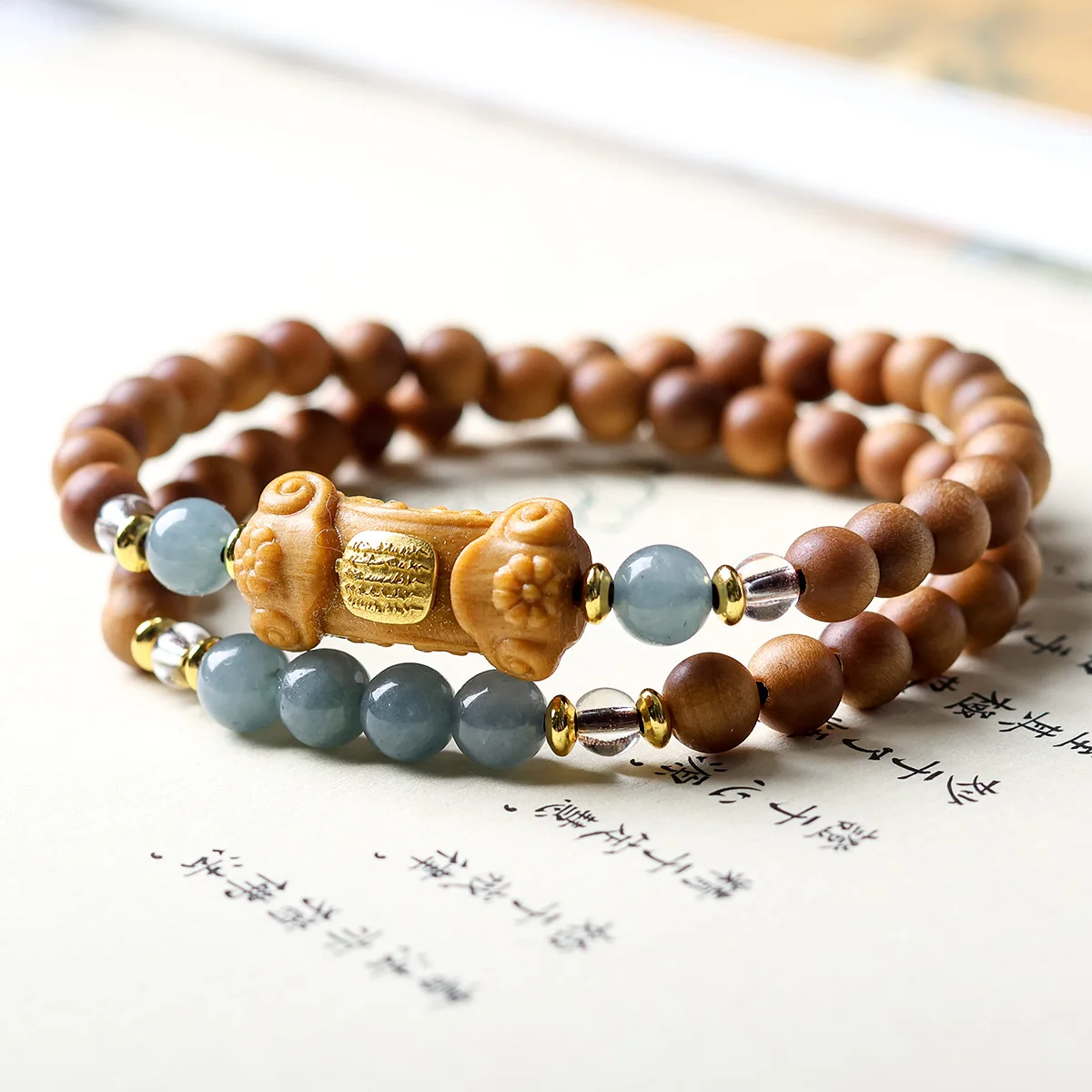 

Original Design Laoshan Sandalwood Bracelet with Five Sutras Ruyi Blue Water Jadeite Chinese Style Wrist Jewelry Gifts