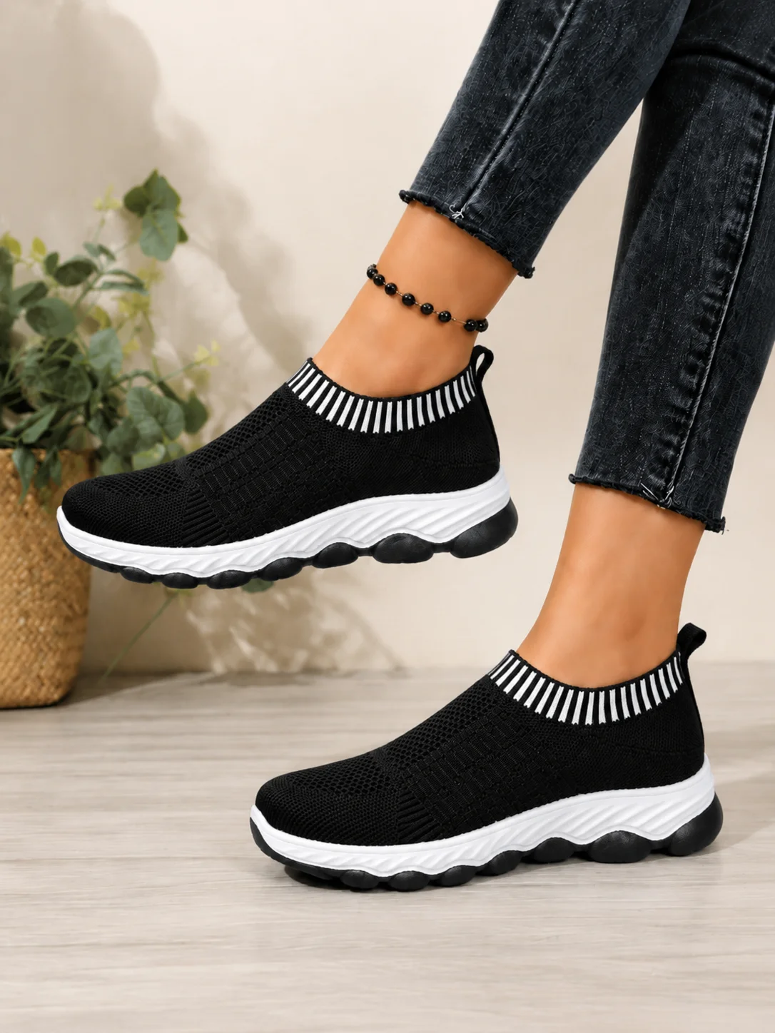 Frühling Herbst Damen Slip-On Strick-Wanderschuhe Atmungsaktives Mesh Rutschfeste Plattform Weiche Sohle Komfortable Orthopädische Freizeitsneaker – Detail 7