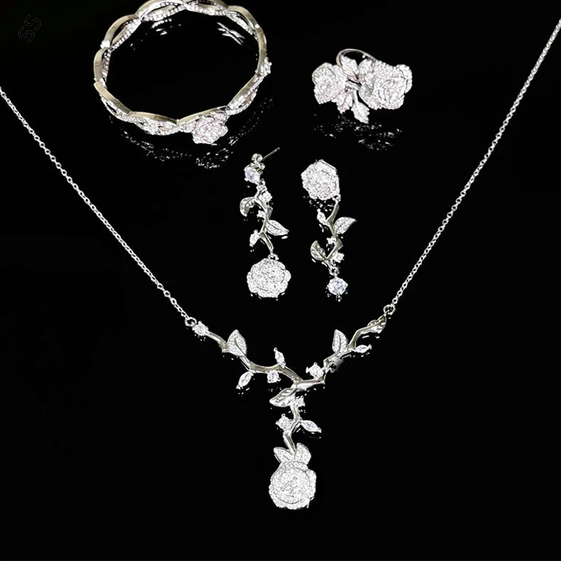 

Luxury Jewelry Sets 4 Piece Super Shiny Gems Inlaid White Zircon Floral Necklace Earring Bracelet and Open Ring Accessories