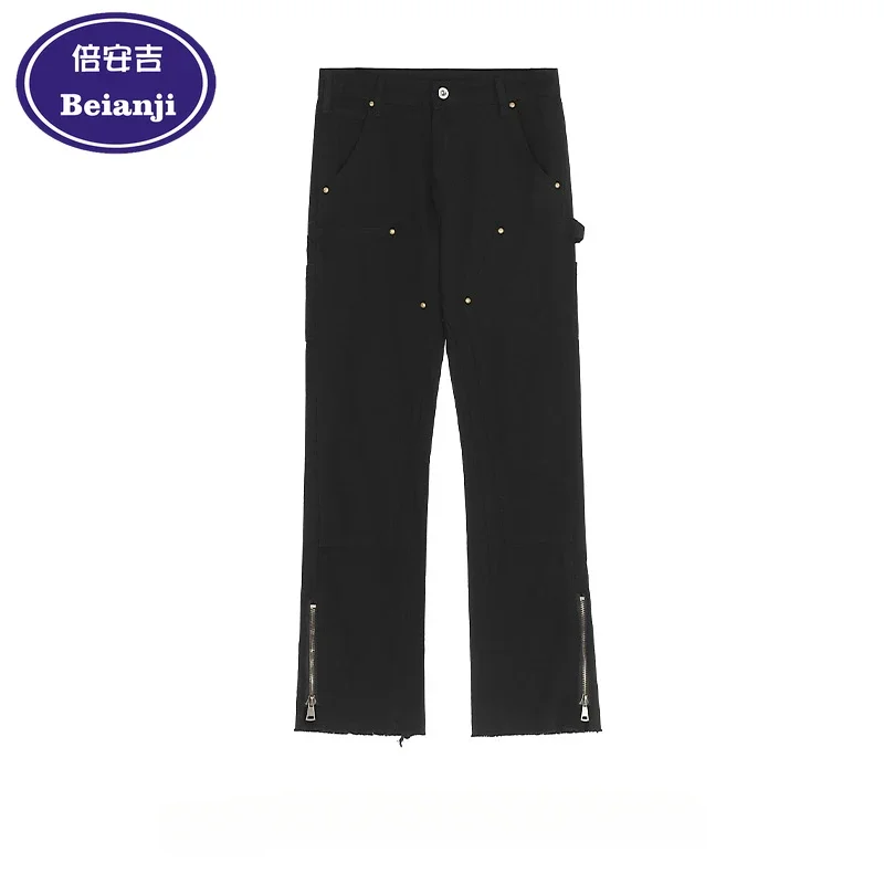 

Beianji denim pants men vibe American retro washed high street ins fashion brand niche zipper slit micro flare pants