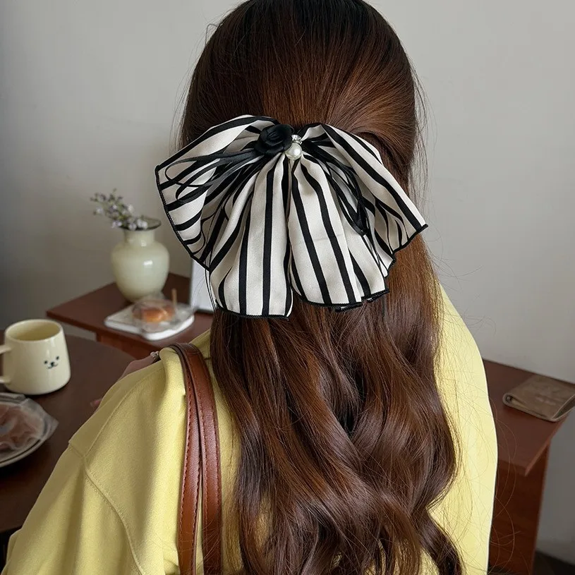 

Striped Bow Spring Clip Hair Claw Retro Black White Korean Style Ribbon Tails Simple Premium For Ponytail