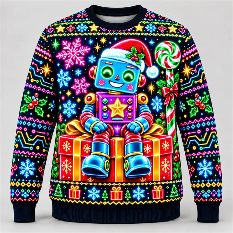 Neon Ugly Christmas Sweater Men Fireplace Stockings Christmas Truck Ferris Wheel Robot Cat Print Crewneck Long Sleeve Pullover