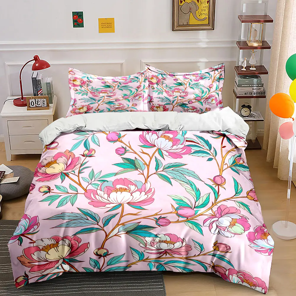 Elegant floral pattern on pink background Printed Duvet Cover Set1 Duvet Cover+2 PillowcaseMulti Size Bedroom Bedding Decor