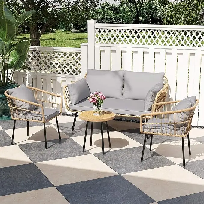 

4 Pieces Patio Furniture Set, Outdoor Wicker Bistro, All-weather Rattan Conversation With Loveseat Chairs Table