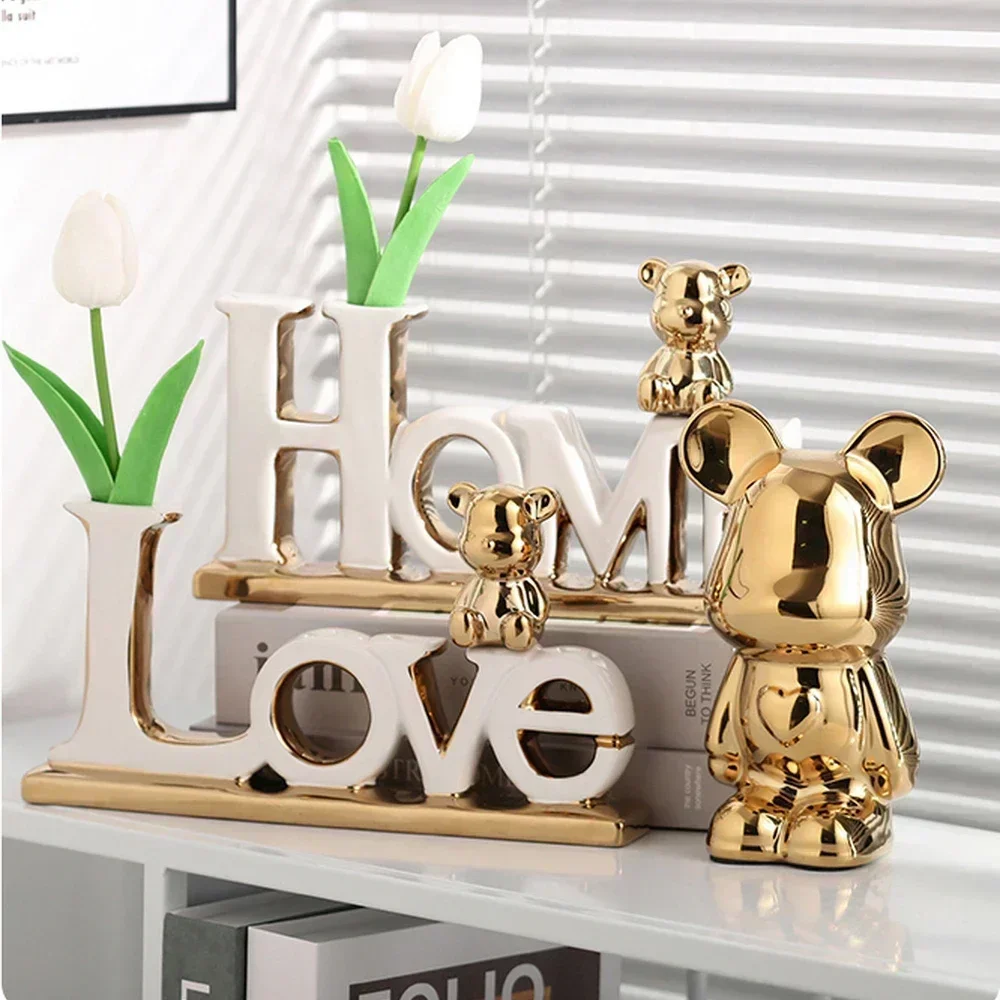 

Decorative 3D English Letters Figurine With Artificial Flowers and Mini Bear Figurine For Home Living Room Luxury Decoration