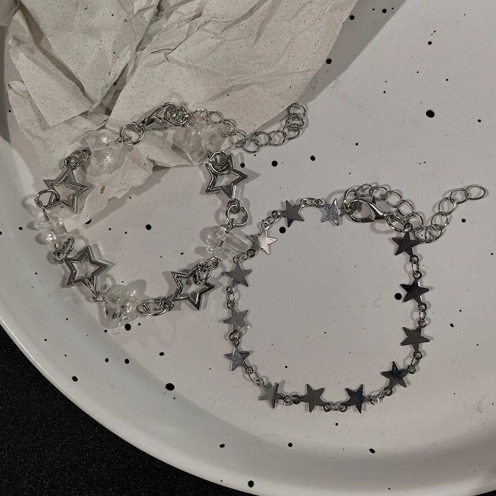 2Pcs Y2K Cute Star Stackable Bracelet Set Silver Tone Hollow Star & Clear Crystal Chip Bracelets for Coquette Aesthetic Jewelry