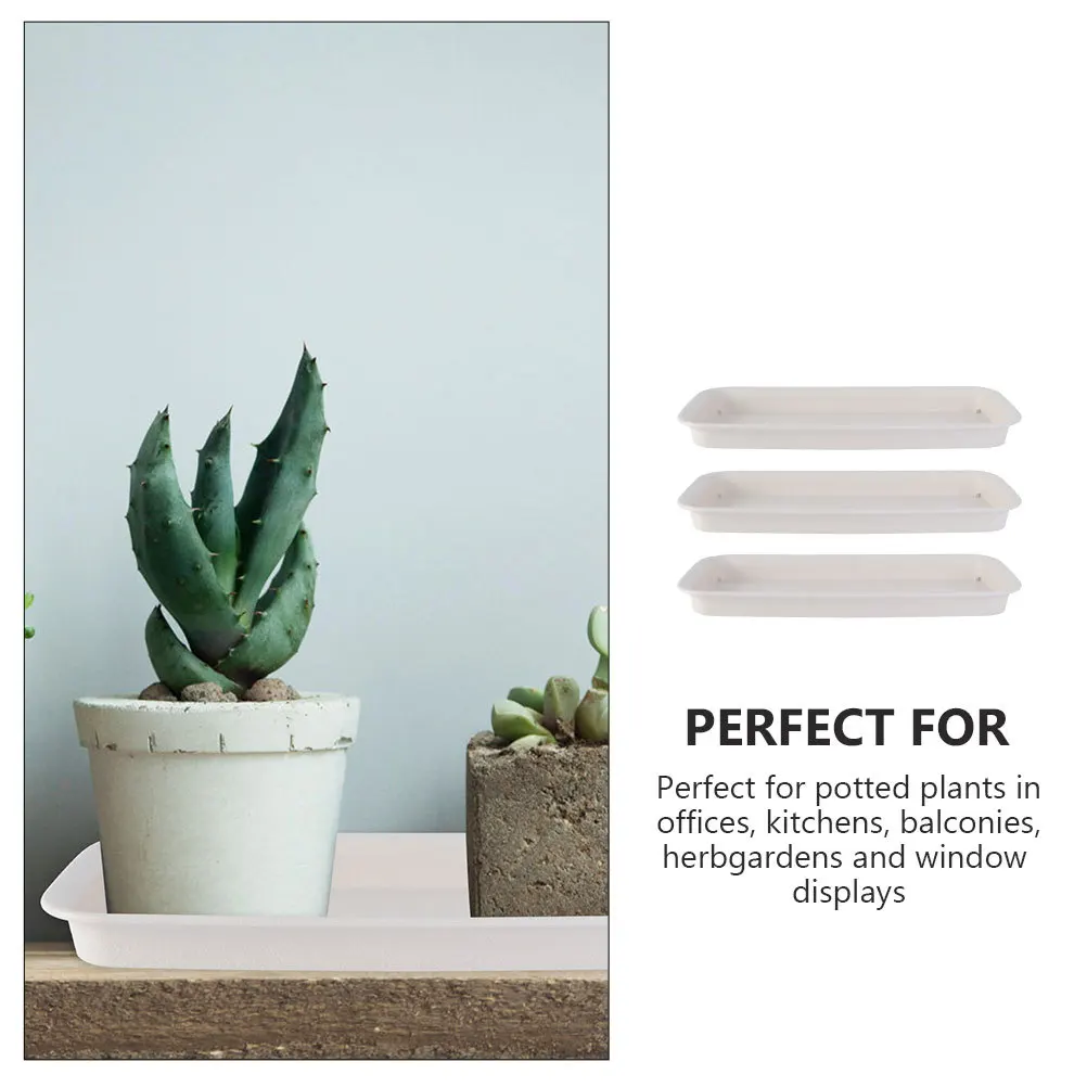 3 Buah Pot Bunga Persegi Panjang dengan Tatakan Plastik 21x8,5cm Warna Beige, Anti Bocor, Tahan Lama, Nampan Pot Tanaman, Nampan Tanam