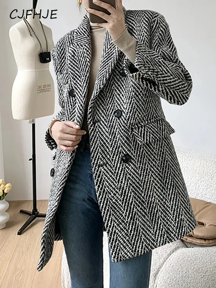 CJFHJE Vintage Thicken Lapel Ladies Blend Jackets Autumn Winter Striped Woolen Blazer Female Double Breasted Women Woolen Coat