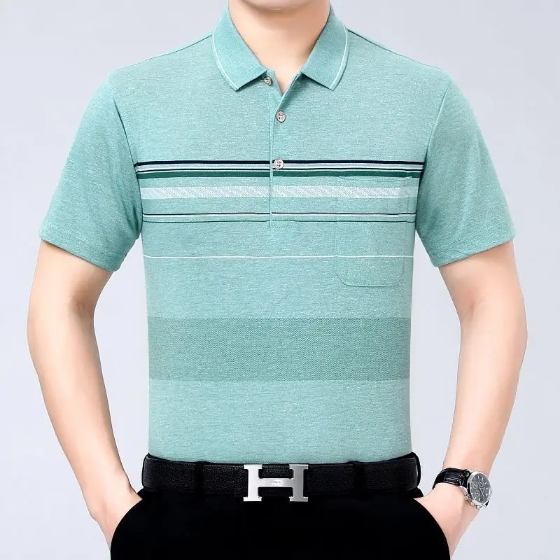 Summer Cotton Middle-aged and Elderly Men's Clothing Short Sleeve Loose Lapel Spliced Pocket Striped Printed Business POLO Shirt