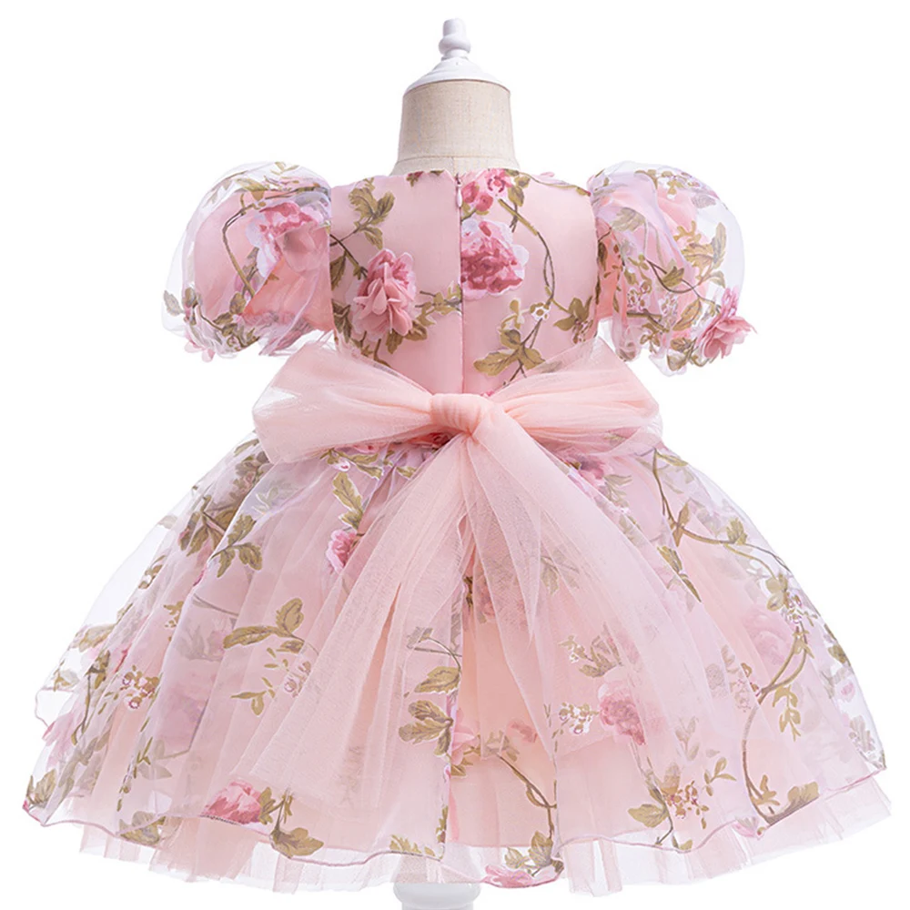 Toddler Hollow open back Princess Dress 12M Girl One Year Pink Party Tutu big Bow festival Costume Birthday embroider Baby Gown