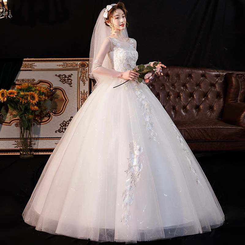 Vestidos De novia champán con manga acampanada, vestido De novia clásico con cuello redondo, elegante, tul De encaje, novedad De 2023