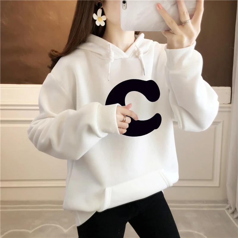 Women Clothing Hoodes Letter Ptinted Hoodies Autumn Loose Casual Pockets Comfortable Sweatshirts Simple All-match Pullover Top