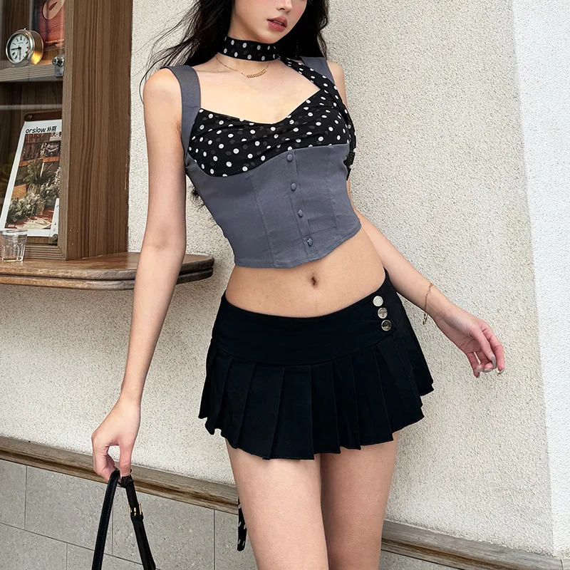 JHJN ผู้หญิงเสื้อยืดสีเทา Wave Point Crop Top Lacu-Up Single-Breasted Tees แขนกุด V คอ Tank Top Hotties Clubwear backless