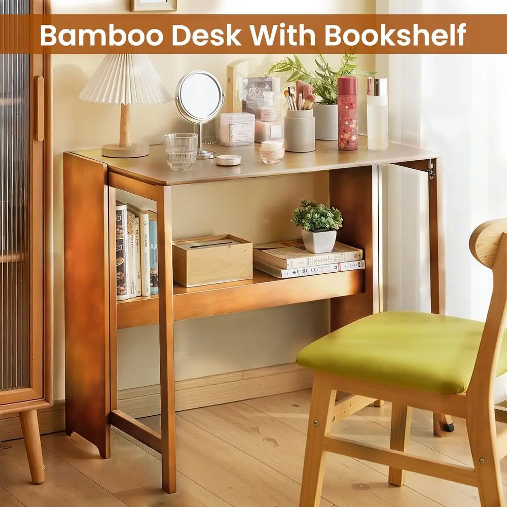 Bamboo Folding Desk with Bookshelf, Folding Bamboo Desk for Small Spaces, Computer Table Space Saving, Wooden Desks for Home Bed