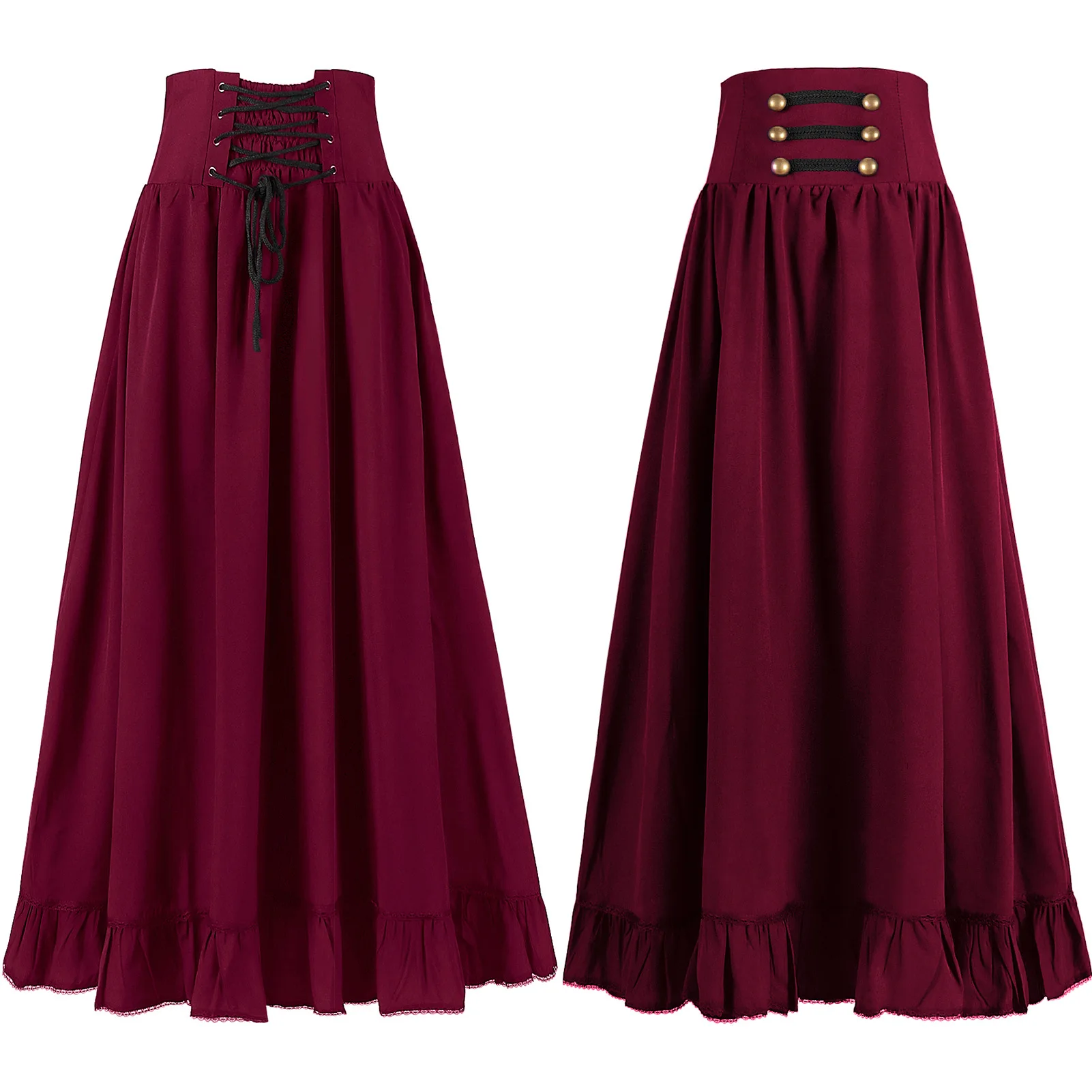 European American Medieval Vintage Gothic Lace Up Waist Ruffled Flared Skirt Versatile Women's Skirt