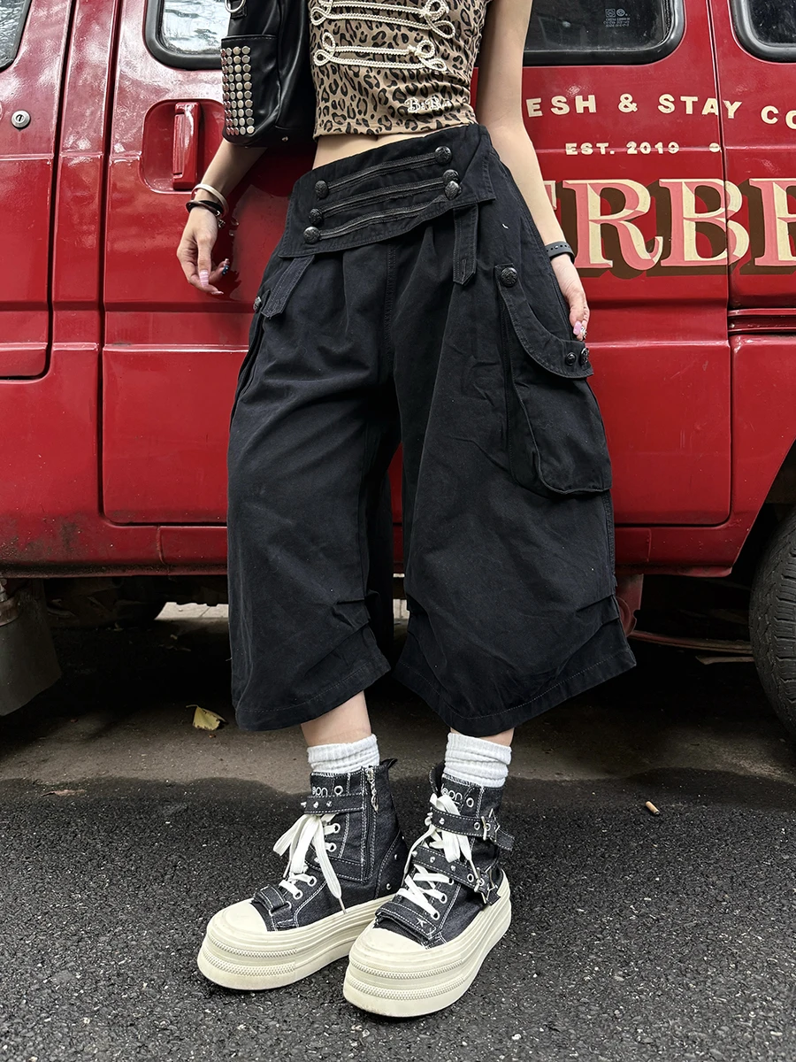 

Street Style Women's Cargo Pants Summer New Vintage Pleated Wide Leg Seven-Footers Button Flip Waist Design Casual Trousers