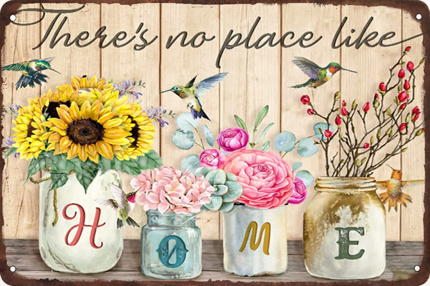 There's No Place Like Home Tin Sign Vintage Hummingbird Metal Signs Wall Decor For Kitchen Bedroom 8x12 Inch sign