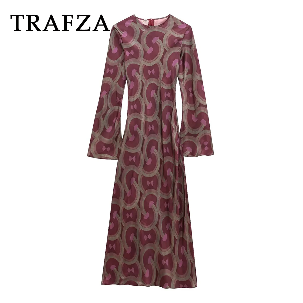 

TRAFZA Chic Print Geometric Purple Pleated Women Dress Vintage Fashion 2025 Spring Dress Long Flare Sleeve O-Neck Mature Vestido