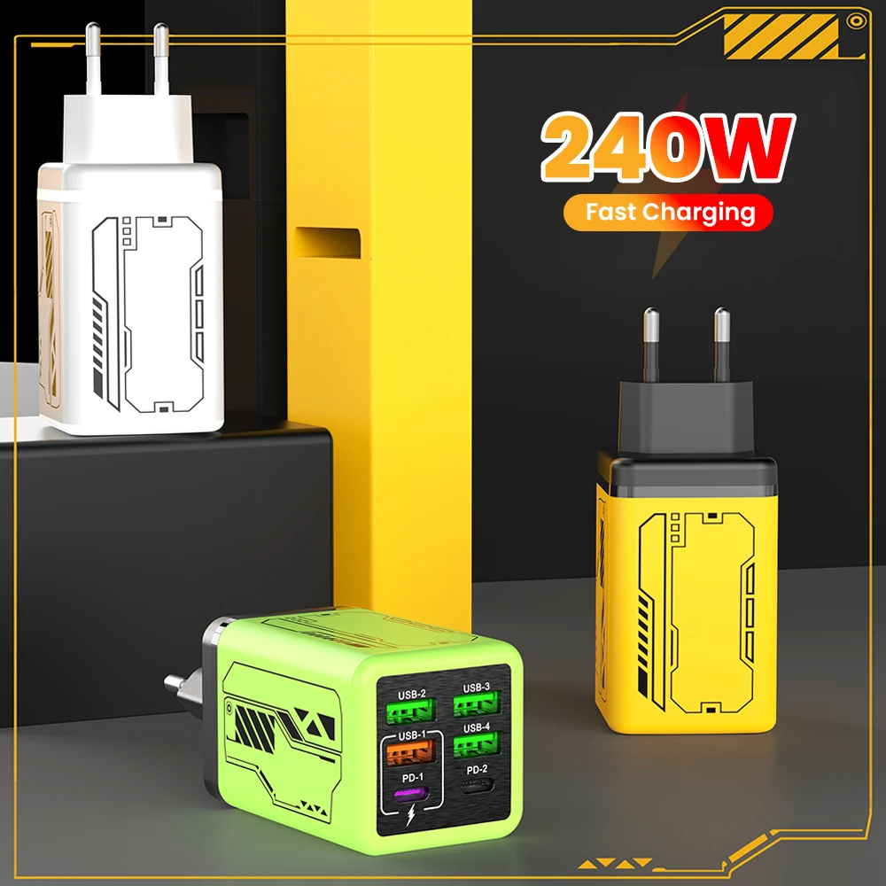 

Зарядное устройство для мобильных телефонов 240 Вт, 4 USB + 2 Type-C, сверхбыстрая зарядка, 6 портов USB 3.0, PD 3.0, EU/UK/US, для iPhone 17, 16, Samsung, POCO