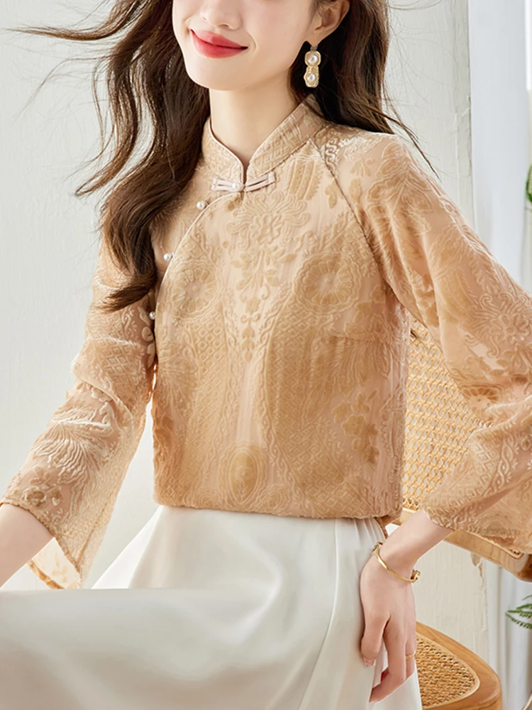 QOERLIN Retro Chinese Style Luxury Women Loose Casual Qipap Tops Buckle Khaki Blouse Chic Elegant Tops Long Flare Sleeve Shirts