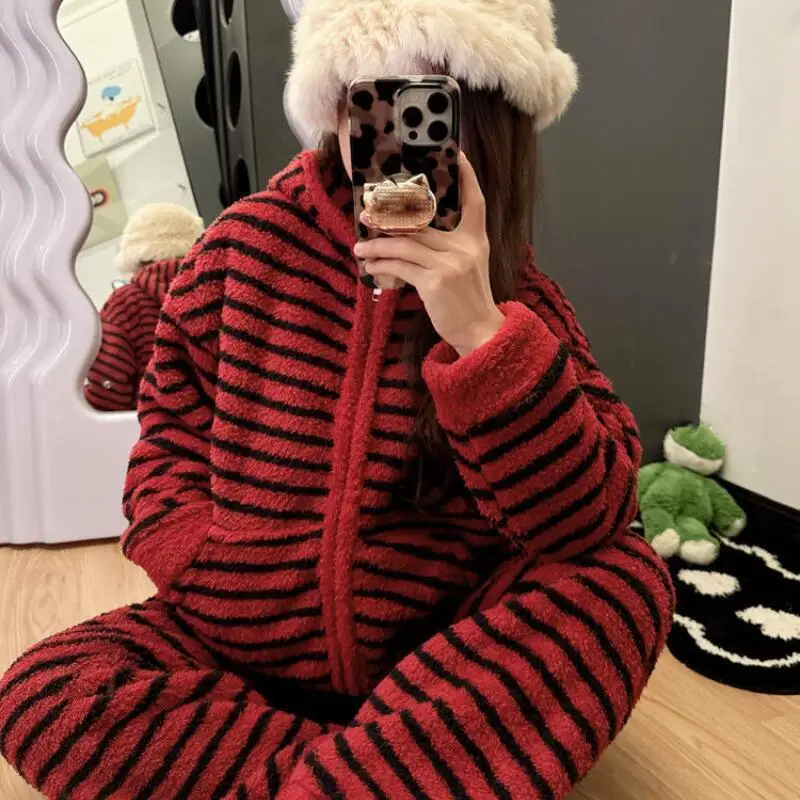 

Women's Red Striped Hooded Pajamas Autumn Winter Striped Sleepwear Night Wear Warm Girl's Students Homewear Loungewear 2 Pieces