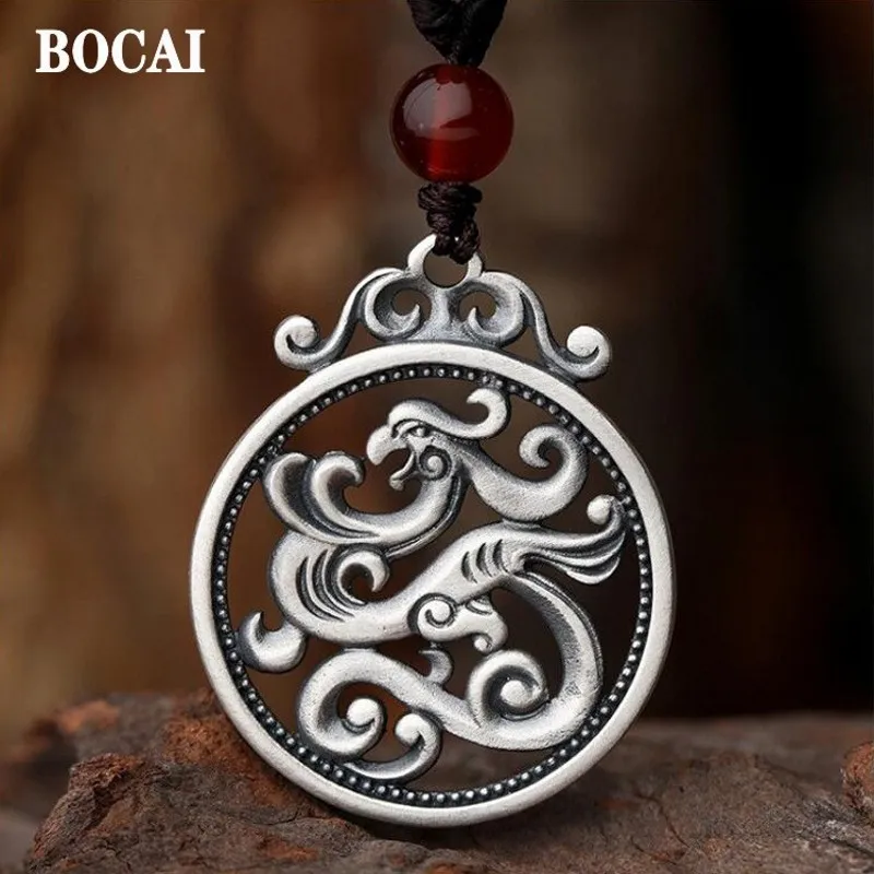 

BOCAI 100% Real S999 Pure Silver Jewelry Retro Ethnic Style Phoenix Close Guard Good Luck Pendant for Men and Women