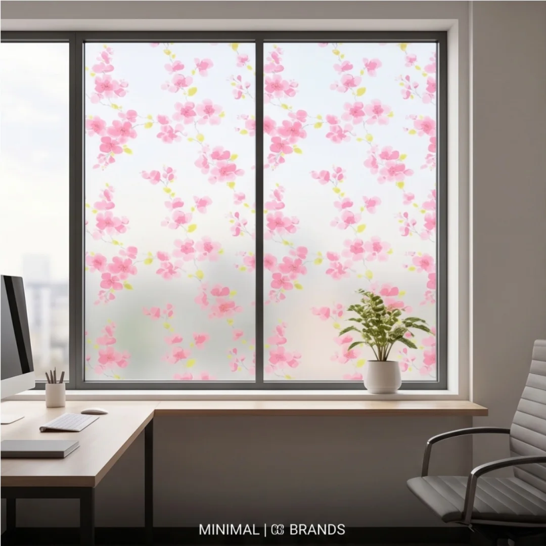 Self‑Adhesive Pink Cherry Blossom Window Film Frosted Privacy Glass Sticker Anti‑UV Waterproof for Bathroom Bedroom Office Showe