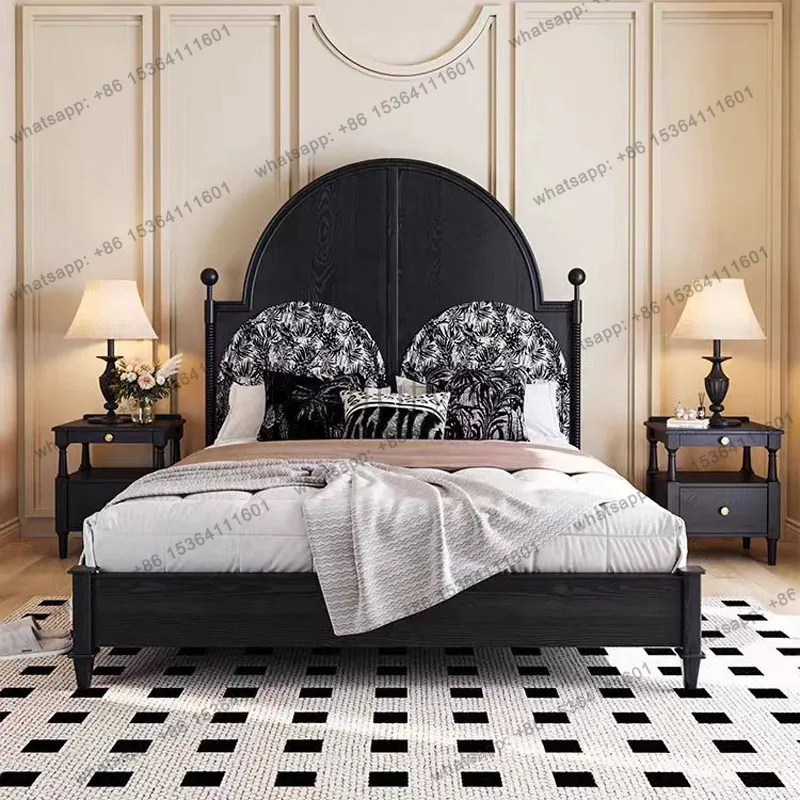French retro solid wood master bedroom villa double bed Paris wind soft bag bed