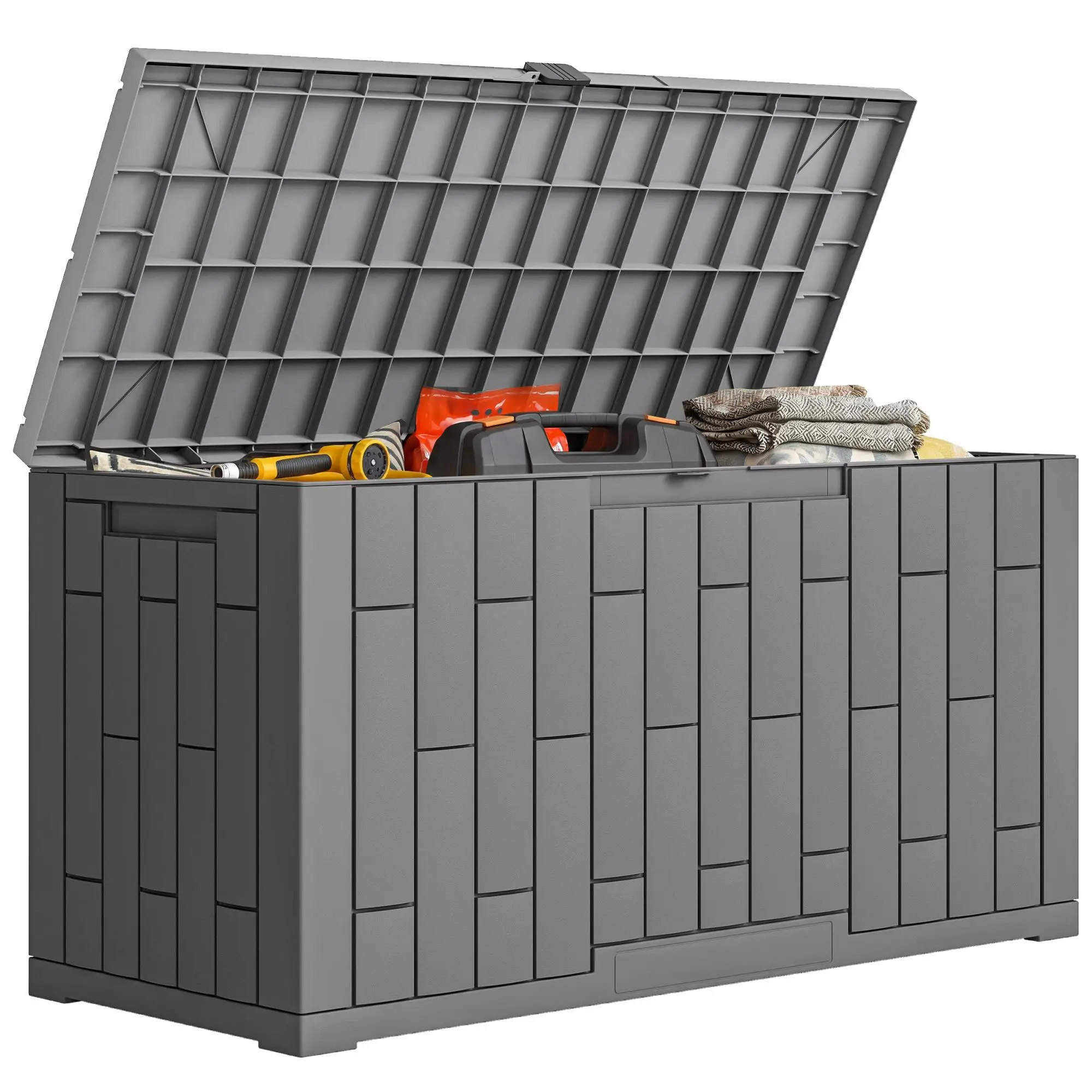 Bac de jardin 227L étanche résistant aux UV verrouillable avec ressort à gaz, aspect bois, 106,5 × 43 × 54,5 cm Gris