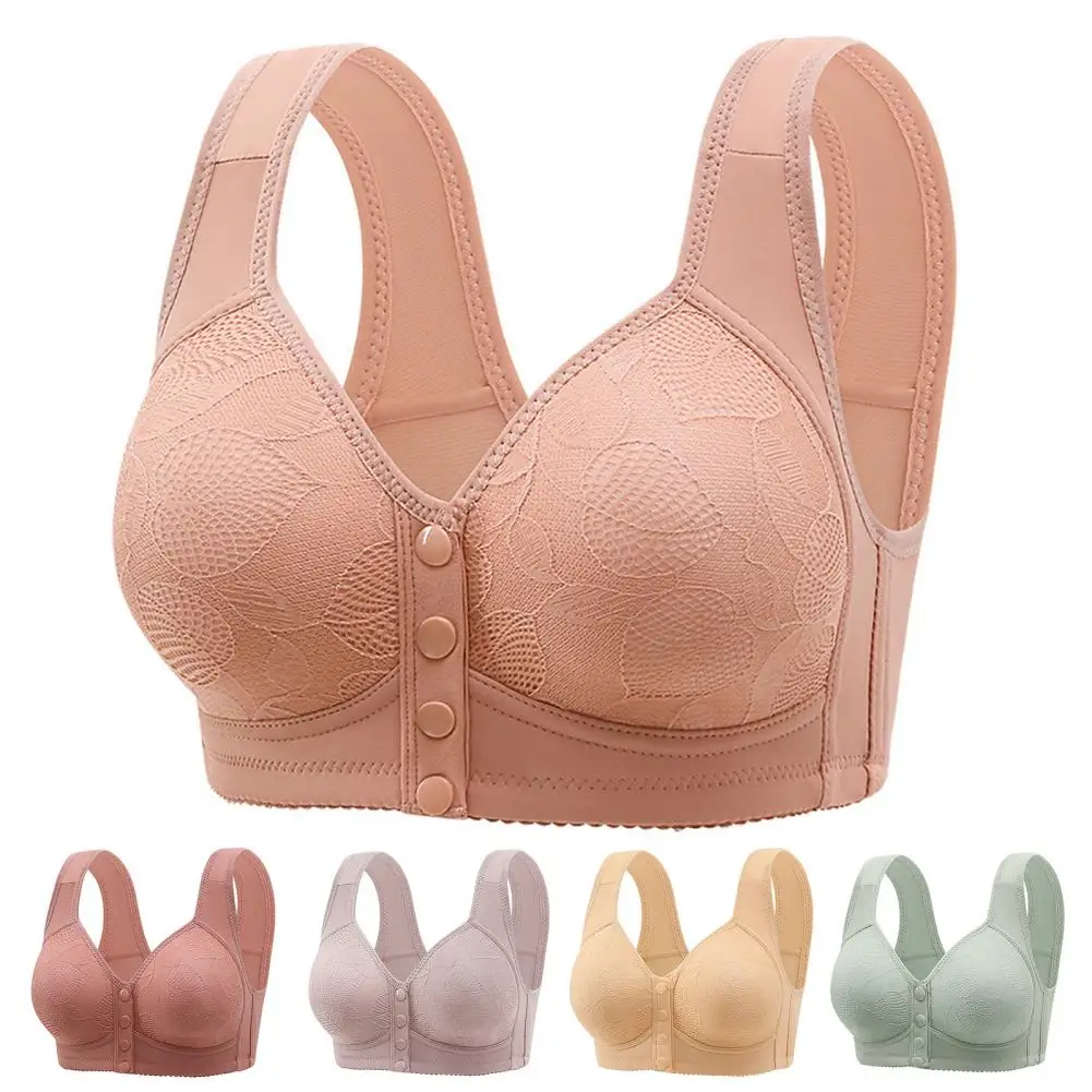 Mid-aged Women Bra Front Button Closure Leaf Lace Bra Shockproof Push-up Anti-snagging Wireless Mother Daily Exercise Bra