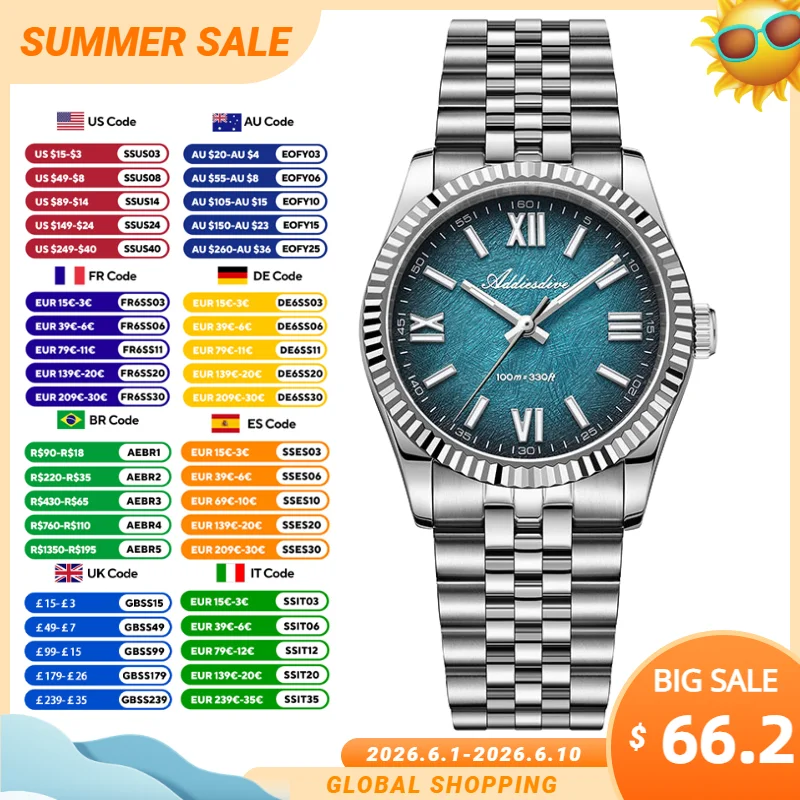 

ADDIESDIVE Luxury Quartz Wristwatches vh31 Movement Sapphire Mirror Luminous Pointer Men's Watch 100m Waterproof Leisure Watches