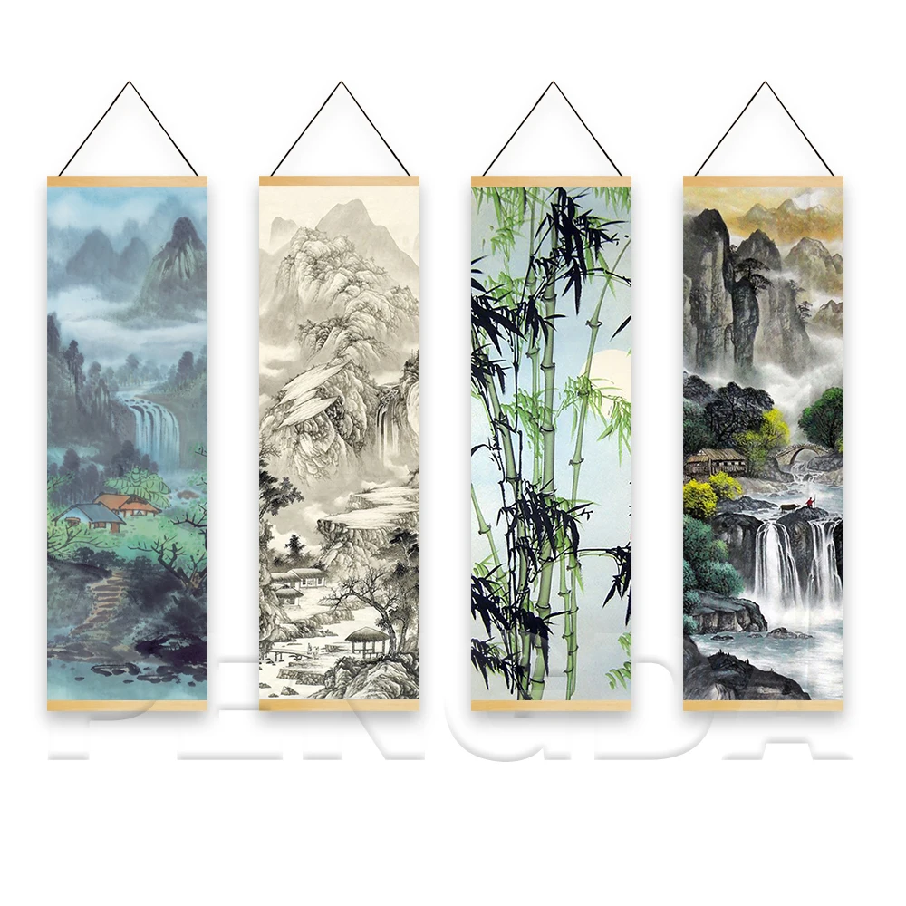 

Printed Poster Nordic Canvas Wood Scroll Painting Chinese Landscape Simple with Ink Water Art for Gift Home Wall Hanging Decor
