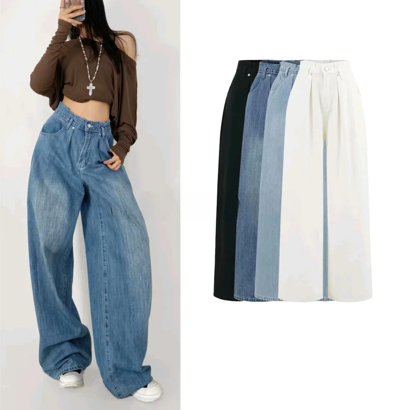 

Summer New Casual Sle High Waist Wide Leg Long Length Zipper Closure Women's Jeans Loose Fit Trousers for Ladies